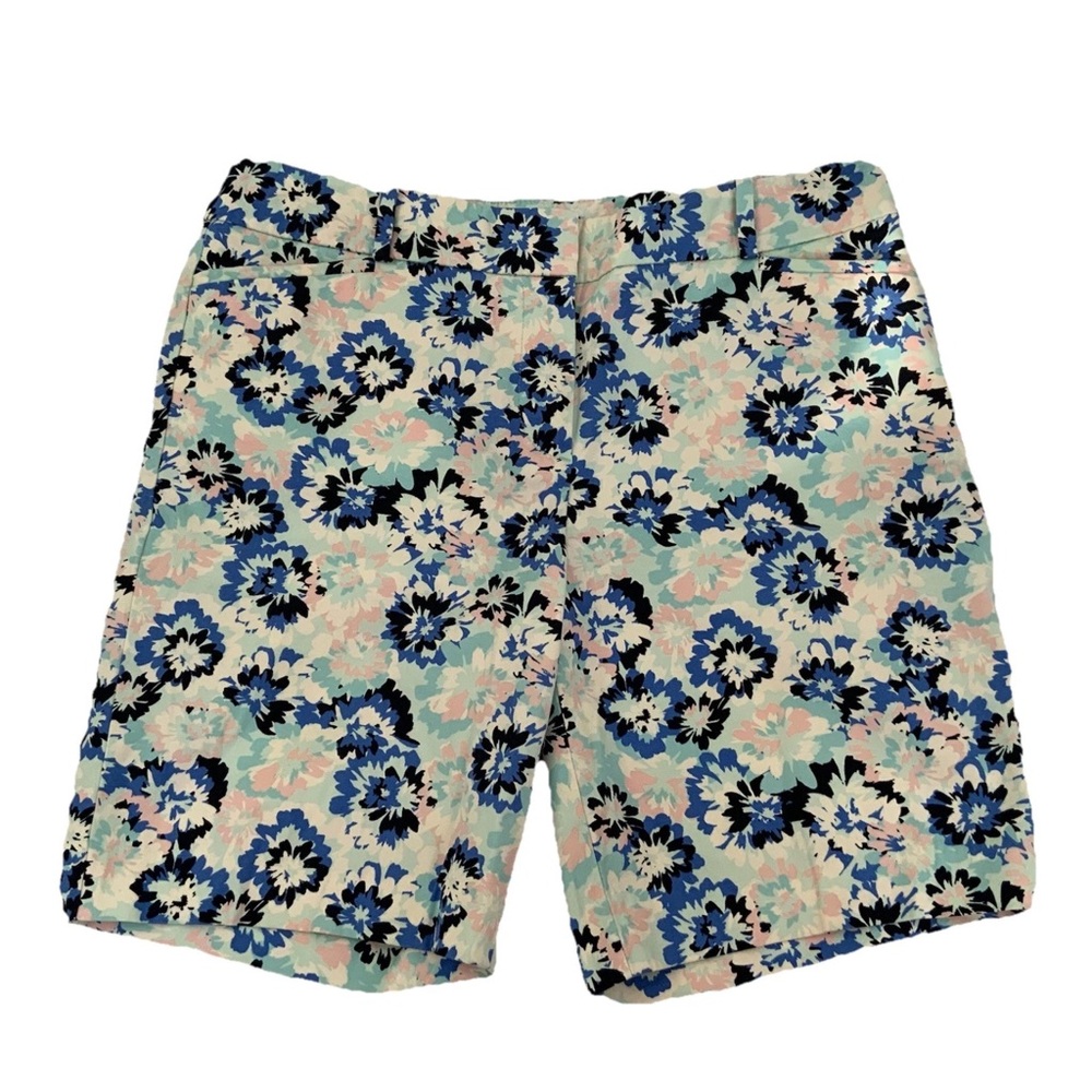 Talbots Petites 8P Bermuda Shorts Preppy Floral Print Blue Pink Pockets Stretch